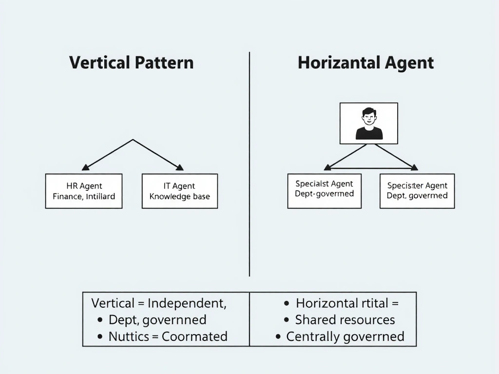 A comparison diagram with two columns. Left column labeled 'Vertical Pattern': three separate agent boxes (HR Agent, Finance Agent, IT Agent), each with their own audience icon, knowledge base, and governance team. No connections between agents. Right column labeled 'Horizontal Pattern': one Orchestrator Agent at top with three Specialist Agent boxes below it, connected by routing arrows. A comparison table below shows: Vertical = Independent, Isolated, Dept-governed | Horizontal = Coordinated, Shared resources, Centrally governed.