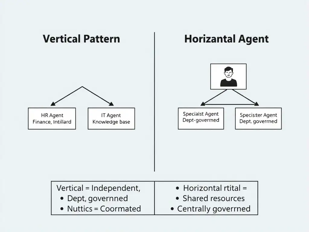 A comparison diagram with two columns. Left column labeled 'Vertical Pattern': three separate agent boxes (HR Agent, Finance Agent, IT Agent), each with their own audience icon, knowledge base, and governance team. No connections between agents. Right column labeled 'Horizontal Pattern': one Orchestrator Agent at top with three Specialist Agent boxes below it, connected by routing arrows. A comparison table below shows: Vertical = Independent, Isolated, Dept-governed | Horizontal = Coordinated, Shared resources, Centrally governed.
