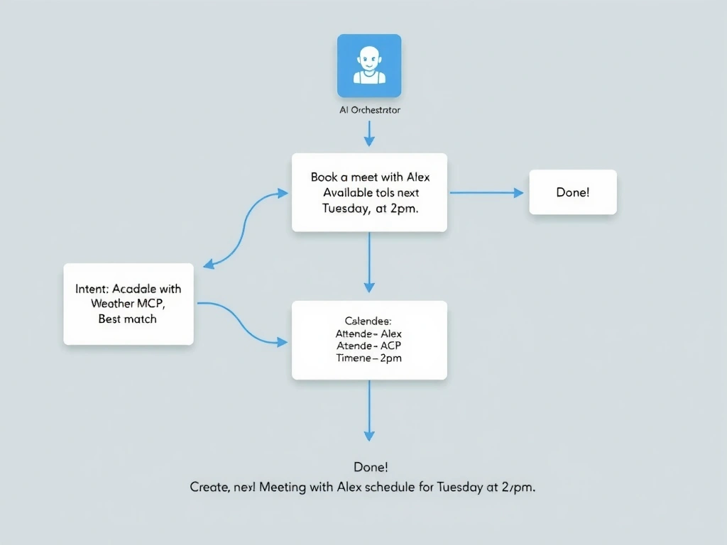 A generative orchestration flow diagram. User message: 'Book a meeting with Alex next Tuesday at 2pm.' The AI Orchestrator box reads the request and displays a reasoning panel: 'Intent: Schedule meeting. Available tools: Calendar MCP, Weather MCP, FAQ Topics. Best match: Calendar MCP.' Arrow to Calendar MCP tool with extracted parameters: attendee=Alex, date=next Tuesday, time=2pm. MCP tool creates the event. Response: 'Done! Meeting with Alex scheduled for Tuesday at 2pm.' No topic cards are shown in the flow.