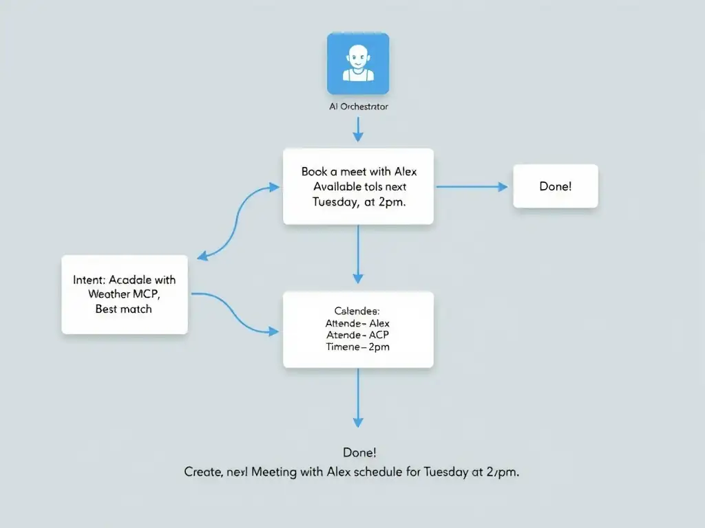 A generative orchestration flow diagram. User message: 'Book a meeting with Alex next Tuesday at 2pm.' The AI Orchestrator box reads the request and displays a reasoning panel: 'Intent: Schedule meeting. Available tools: Calendar MCP, Weather MCP, FAQ Topics. Best match: Calendar MCP.' Arrow to Calendar MCP tool with extracted parameters: attendee=Alex, date=next Tuesday, time=2pm. MCP tool creates the event. Response: 'Done! Meeting with Alex scheduled for Tuesday at 2pm.' No topic cards are shown in the flow.