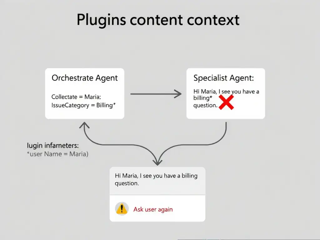 A multi-agent context passing diagram. Orchestrator Agent box shows collected variables: userName = 'Maria', issueCategory = 'Billing.' Plugin invocation arrow points to Specialist Agent box. The arrow is labeled 'Input Parameters: {userName: Maria, issueCategory: Billing}.' Inside the Specialist Agent, a greeting message shows 'Hi Maria, I see you have a billing question.' A red X appears over an alternative path labeled 'Ask user again' showing poor UX. Clean architecture diagram.