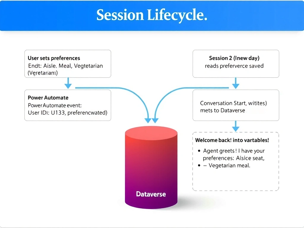 A session lifecycle diagram showing two separate conversation sessions. Session 1: user sets preferences (Seat: Aisle, Meal: Vegetarian) → End of Conversation event → Power Automate flow writes to Dataverse (User ID: U123, preferences saved). Session 2 (new day): Conversation Start event → Power Automate flow reads Dataverse → loads preferences into variables → Agent greets 'Welcome back! I have your preferences: Aisle seat, Vegetarian meal.' A 'Dataverse' cylinder sits between the two sessions as persistent storage.