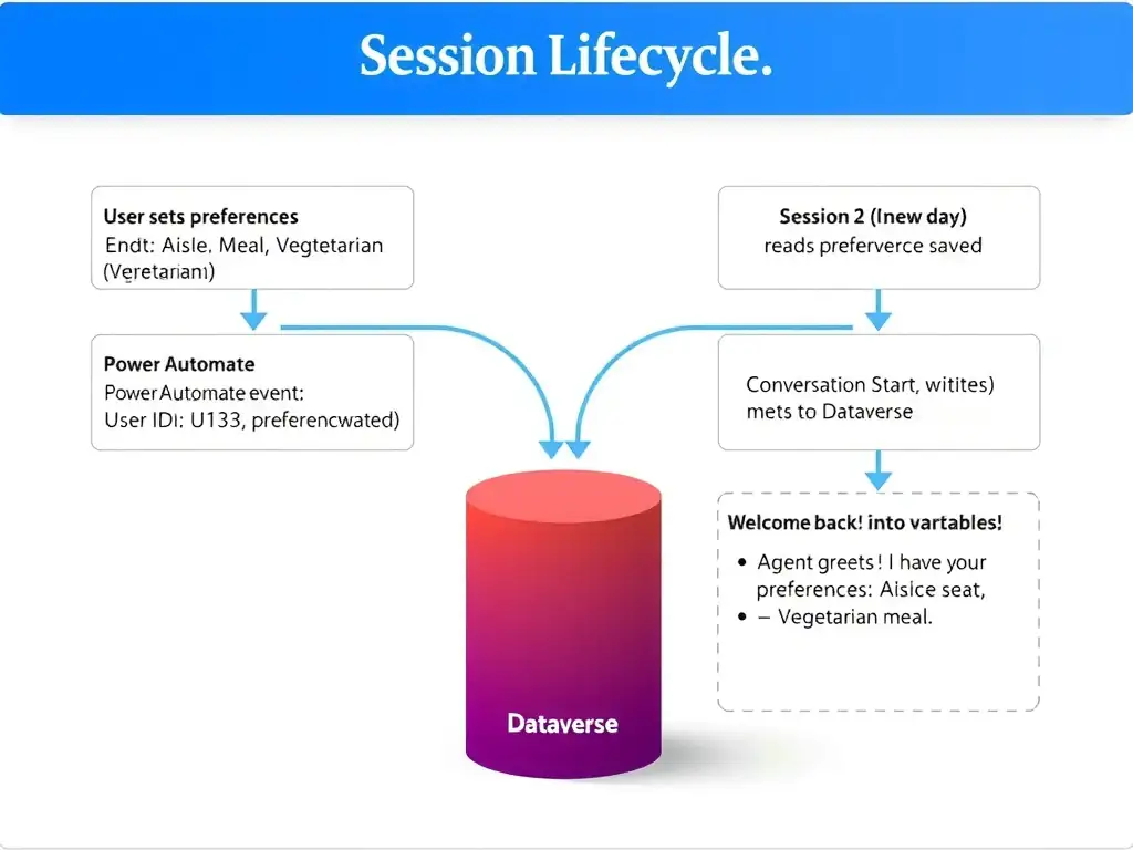 A session lifecycle diagram showing two separate conversation sessions. Session 1: user sets preferences (Seat: Aisle, Meal: Vegetarian) → End of Conversation event → Power Automate flow writes to Dataverse (User ID: U123, preferences saved). Session 2 (new day): Conversation Start event → Power Automate flow reads Dataverse → loads preferences into variables → Agent greets 'Welcome back! I have your preferences: Aisle seat, Vegetarian meal.' A 'Dataverse' cylinder sits between the two sessions as persistent storage.