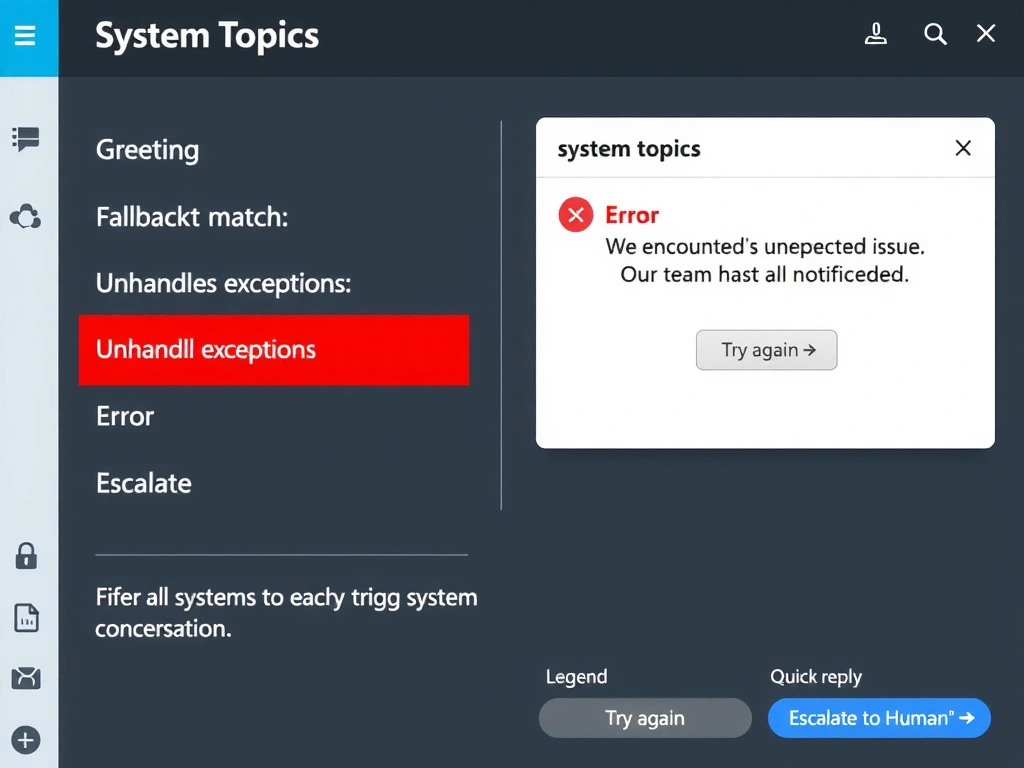 A Copilot Studio system topics panel showing four system topics: Greeting, Fallback (labeled: no intent match), Error (highlighted in red: unhandled exceptions), Escalate, End of Conversation. The Error system topic canvas is expanded showing: a branded error message 'We encountered an unexpected issue. Our team has been notified.' with an 'Escalate to Human' button and a 'Try again' quick reply. A legend at the bottom shows each system topic's trigger condition.