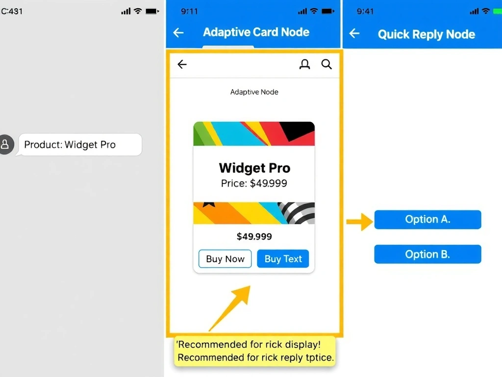 A side-by-side comparison showing three output types in a chat interface. Left card labeled 'Message Node': plain text 'Product: Widget Pro, Price: $49.99, Action: Buy Now.' Center card labeled 'Adaptive Card Node': visually rich card with product image, 'Widget Pro' heading, '$49.99' price badge, and a 'Buy Now' button. Right card labeled 'Quick Reply Node': small buttons labeled 'Option A, Option B.' Highlight border and 'Recommended for rich display' label on the Adaptive Card.