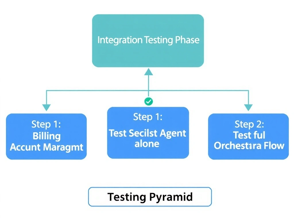 A multi-agent testing workflow diagram. Three specialist agent boxes (Billing, IT Support, Account Mgmt) each have a 'Test Pane' icon and a green checkmark showing individual testing. An orchestrator agent box above them is labeled 'Integration Testing Phase.' Arrows show the testing sequence: Step 1: Test Billing Agent alone (Test Pane), Step 2: Test IT Support Agent alone, Step 3: Test full orchestrator flow. A 'Testing Pyramid' label shows the progression from unit to integration testing.