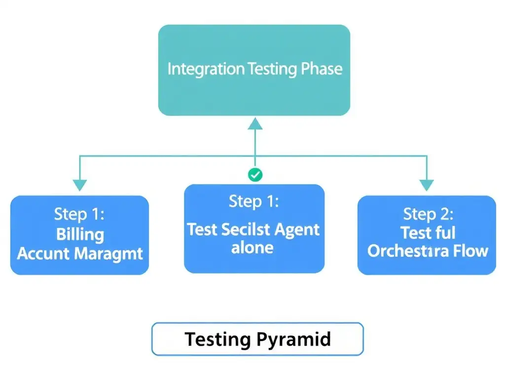 A multi-agent testing workflow diagram. Three specialist agent boxes (Billing, IT Support, Account Mgmt) each have a 'Test Pane' icon and a green checkmark showing individual testing. An orchestrator agent box above them is labeled 'Integration Testing Phase.' Arrows show the testing sequence: Step 1: Test Billing Agent alone (Test Pane), Step 2: Test IT Support Agent alone, Step 3: Test full orchestrator flow. A 'Testing Pyramid' label shows the progression from unit to integration testing.
