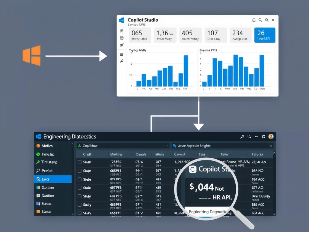A monitoring architecture diagram showing two layers. Top layer: Copilot Studio Analytics Dashboard with session metrics and topic charts (labeled 'Business KPIs'). Bottom layer: Azure Application Insights showing a detailed failure log table with columns: Timestamp, Operation, Error Code, Duration, Status. A connection arrow from Copilot Studio to Application Insights shows telemetry flowing. A magnifying glass highlights the error log row showing '404 Not Found — HR API.' Label: 'Engineering Diagnostics.'