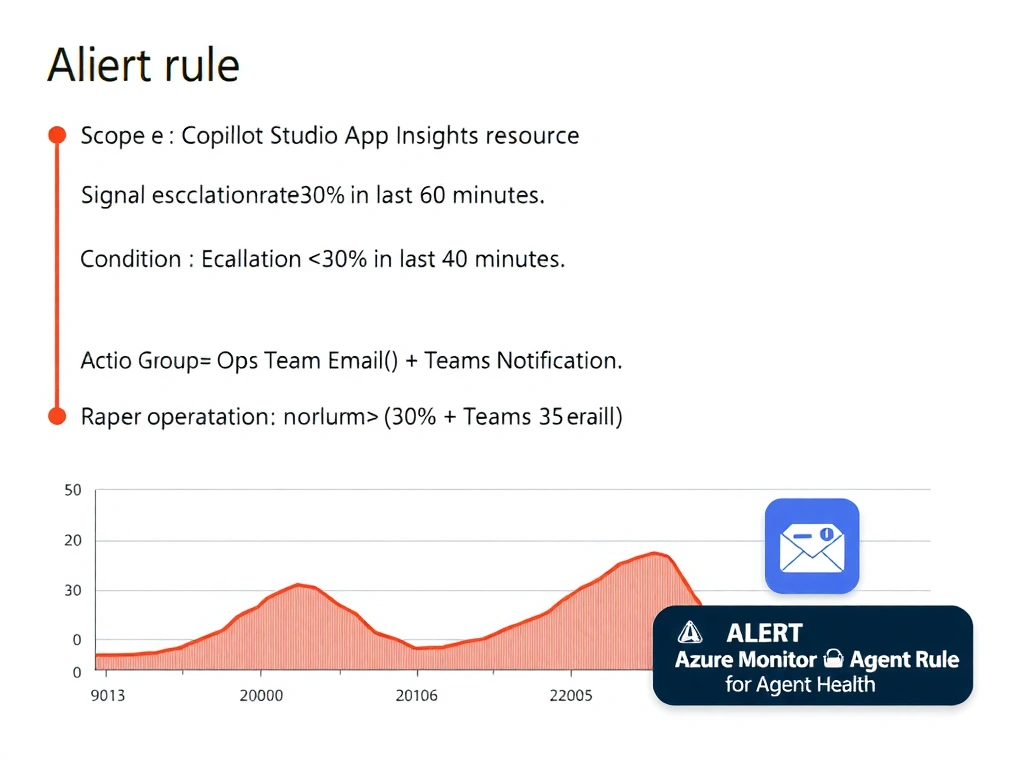 An Azure Monitor alert configuration diagram. Shows the alert rule setup: Scope = Copilot Studio App Insights resource. Signal = Escalation Rate metric. Condition = 'Escalation Rate > 30% in last 60 minutes.' Action Group = 'Ops Team Email + Teams Notification.' A timeline graph below shows normal operation (blue line below 30%) and an alert-triggering spike (red line crossing 30% threshold). Alert notification badge shows email and Teams icon. Label: 'Azure Monitor Alert Rule for Agent Health.'