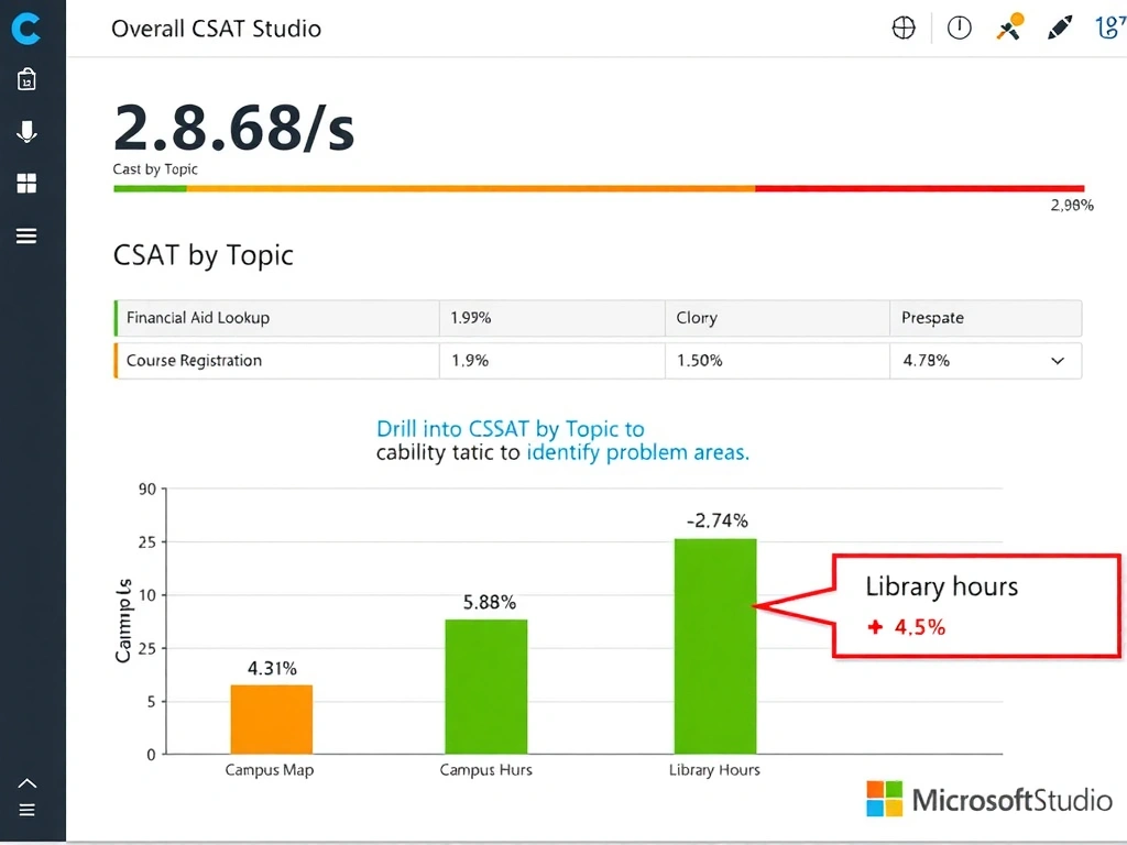 A Copilot Studio Analytics CSAT dashboard. Top shows overall CSAT score: 2.8/5 with a downward trend arrow. Below, a sorted table shows 'CSAT by Topic': Financial Aid Lookup = 1.9/5 (red), Course Registration = 2.4/5 (orange), Campus Map = 4.2/5 (green), Library Hours = 4.5/5 (green). A bar chart visualizes the same data. An arrow and callout highlight the two low-scoring topics. Label: 'Drill into CSAT by Topic to identify problem areas.' Microsoft Copilot Studio branding.