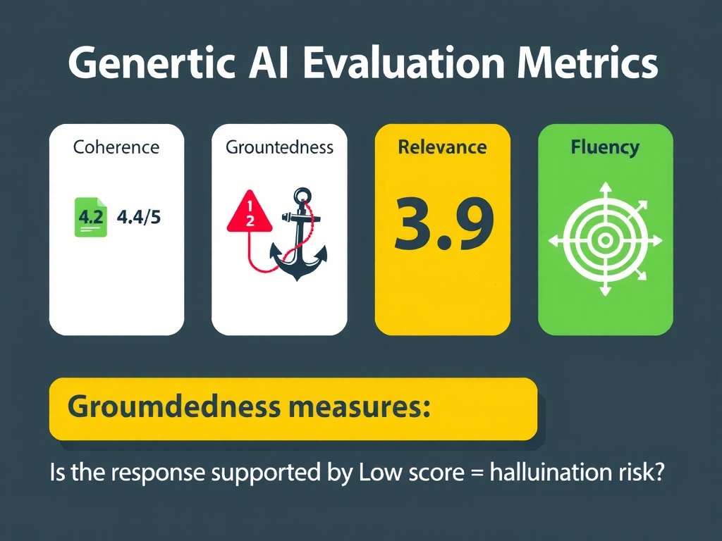 An evaluation metrics scorecard infographic for a generative AI agent. Four metric cards arranged horizontally: Coherence 4.2/5 (green, icon: structured document), Groundedness 2.8/5 (red warning, icon: anchor with source document), Relevance 3.9/5 (yellow, icon: target/bullseye), Fluency 4.0/5 (green, icon: speech wave). The Groundedness card is highlighted with a warning border. Below: 'Groundedness measures: Is the response supported by the knowledge source? Low score = hallucination risk.' Header: 'Generative AI Response Evaluation Metrics.'
