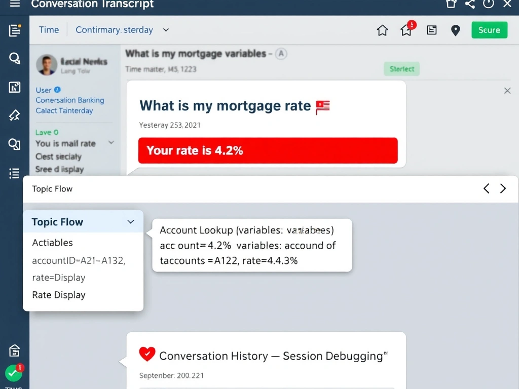 A conversation transcript viewer interface showing a specific session from yesterday. The transcript shows timestamped messages: User: 'What is my mortgage rate?' Agent: 'Your rate is 4.2%' (highlighted in red with a flag icon). Below the transcript, a 'Topic Flow' sidebar shows the sequence: Greeting → Account Lookup (variables: accountID=A123, rate=4.2%) → Rate Display. A 'Variables at Time of Error' panel shows the incorrect rate value. Label: 'Conversation History — Session Debugging.' Professional banking UI style.