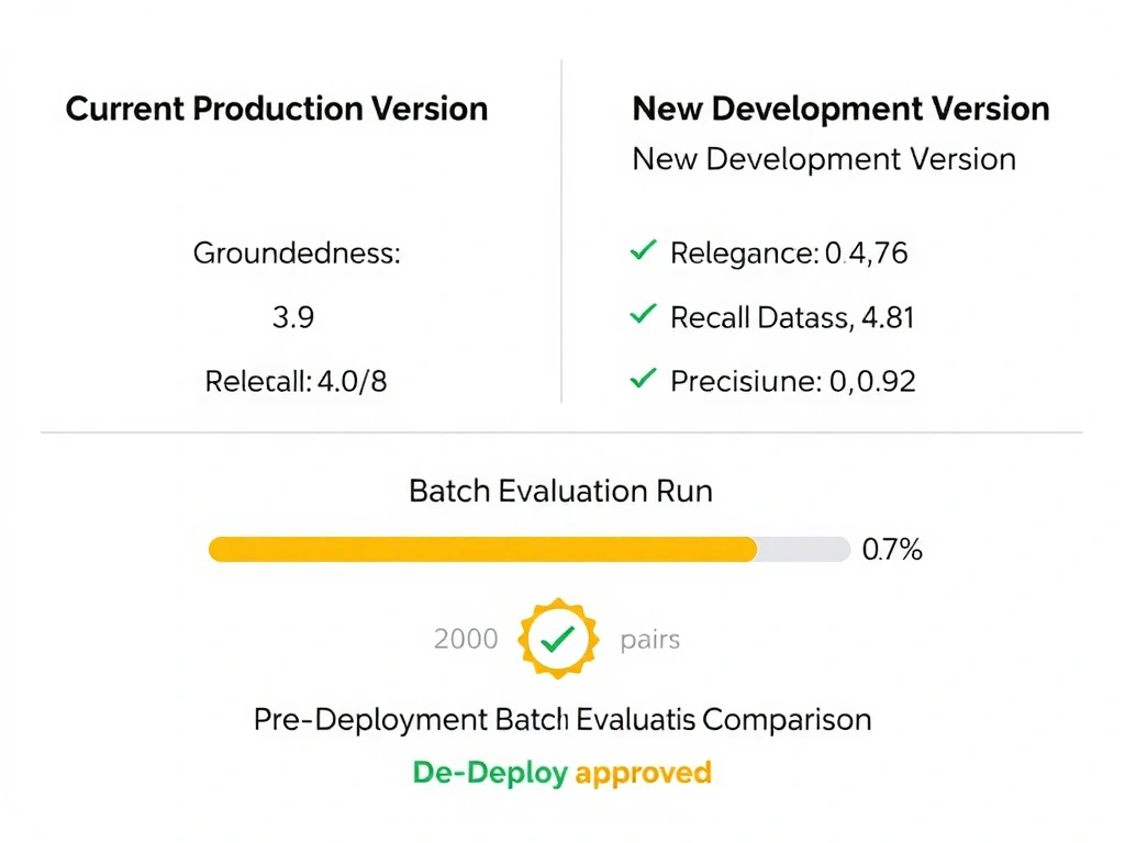A side-by-side version comparison table. Left column: 'Current Production Version' metrics — Groundedness: 3.9, Relevance: 4.1, Recall: 0.76, Precision: 0.89. Right column: 'New Development Version' metrics — Groundedness: 4.3 (green arrow up), Relevance: 4.2 (green arrow up), Recall: 0.81 (green arrow up), Precision: 0.92 (green arrow up). Below: a 'Batch Evaluation Run' progress bar labeled 'Golden Dataset: 200 Q&A pairs.' A 'Deploy approved' badge at the bottom. Header: 'Pre-Deployment Batch Evaluation Comparison.'