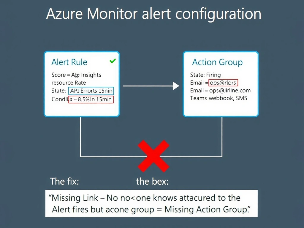 An Azure Monitor alert configuration diagram showing the two required components. Left box: 'Alert Rule' with settings: Scope = App Insights resource, Signal = API Error Rate, Condition = > 5% in 15 min, State = Firing (green checkmark). Right box: 'Action Group' with settings: Email = ops@airline.com, Teams webhook, SMS. A large red X connection between the two boxes labeled 'Missing Link — No Action Group Configured.' Below: the fix — a connecting arrow showing the action group attached to the alert rule. Label: 'Alert fires but no one knows = Missing Action Group.'