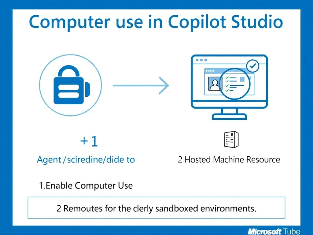 Portrait 1536x2048 infographic titled 'Computer Use in Copilot Studio'. Shows a Copilot Studio agent icon on the left with an arrow pointing to a virtual machine/desktop screen on the right. The screen shows a browser with a web form being filled out. Below shows two requirements: 1) Enable Computer Use toggle (checkbox illustration), 2) Hosted Machine Resource (server icon). Bottom section shows a sandboxed environment boundary. Clean blue-and-white Microsoft design style, bold labels, minimal text.