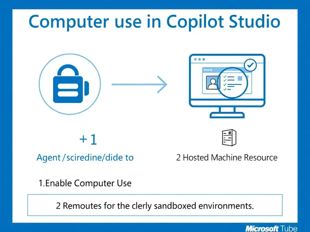 Portrait 1536x2048 infographic titled 'Computer Use in Copilot Studio'. Shows a Copilot Studio agent icon on the left with an arrow pointing to a virtual machine/desktop screen on the right. The screen shows a browser with a web form being filled out. Below shows two requirements: 1) Enable Computer Use toggle (checkbox illustration), 2) Hosted Machine Resource (server icon). Bottom section shows a sandboxed environment boundary. Clean blue-and-white Microsoft design style, bold labels, minimal text.