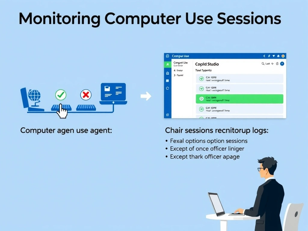 Portrait 1536x2048 infographic titled 'Monitoring Computer Use Sessions'. Left side shows a timeline of a computer use agent session with icons: globe (URL visited), cursor (click), keyboard (text typed). Right side shows the Copilot Studio monitoring panel UI mockup with session recordings list. Four options are crossed out except the correct one highlighted in green. Bottom shows a compliance officer reviewing logs. Microsoft blue color scheme, clean flat design.
