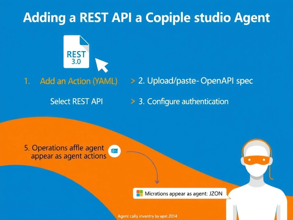 Portrait 1536x2048 infographic titled 'Adding a REST API to a Copilot Studio Agent'. Top: OpenAPI 3.0 YAML file icon with arrow pointing to Copilot Studio logo. Middle: step-by-step flow — 1) Add an Action (button), 2) Select REST API, 3) Upload/paste OpenAPI spec, 4) Configure authentication, 5) Operations appear as agent actions. Bottom: agent calling inventory API with JSON response. Microsoft blue and orange accent, clean step diagram.