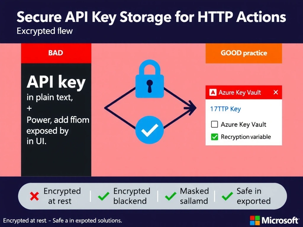 Portrait 1536x2048 infographic titled 'Secure API Key Storage for HTTP Actions'. Left column shows BAD practice: API key in plain text → exposed in UI. Right column shows GOOD practice: API key → Power Platform Secret Environment Variable (locked icon) → referenced in HTTP Action header. Middle shows Azure Key Vault icon as the encryption backend. Bottom: checklist — Encrypted at rest, Masked in UI, Safe in exported solutions. Red X on bad, green checkmark on good. Microsoft design style.