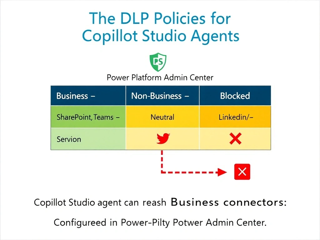 Portrait 1536x2048 infographic titled 'DLP Policies for Copilot Studio Agents'. Top: Power Platform Admin Center shield icon. Middle: three-column table showing connector classifications — Business (SharePoint, Teams — green), Non-Business (neutral — yellow), Blocked (social media icons: Twitter/X, LinkedIn — red with X). Arrow from Copilot Studio agent showing it can only reach Business connectors. Bottom: 'Configured in Power Platform Admin Center'. Clean flat design, Microsoft colors.