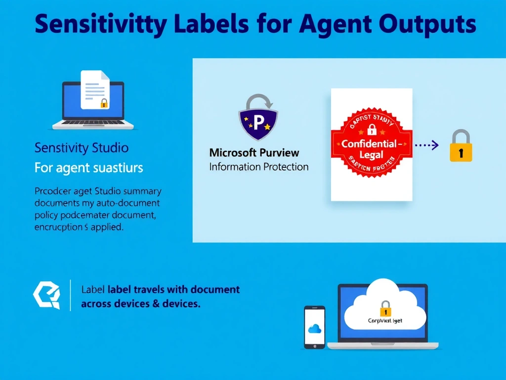 Portrait 1536x2048 infographic titled 'Sensitivity Labels for Agent Outputs'. Top: Copilot Studio agent producing a document summary. Middle: Microsoft Purview Information Protection logo with auto-labeling policy. Document gets stamped 'Confidential – Legal' label (shown as colorful badge). Right: the labeled document with lock icon showing encryption applied. Bottom: label travels with document across devices (laptop, phone, cloud). Blue-purple Microsoft Purview color palette, clean icons.