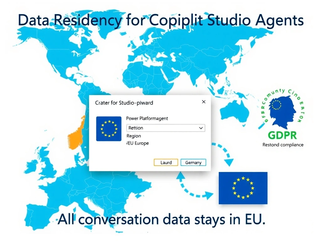 Portrait 1536x2048 infographic titled 'Data Residency for Copilot Studio Agents'. World map at top with EU region highlighted in blue. Below: Power Platform environment creation wizard showing Region dropdown set to 'Europe'. Arrow connecting environment to EU Azure datacenter icons (Germany, Netherlands). Right side: GDPR compliance badge. Bottom: 'All conversation data stays in EU'. Clean map-based design, blue/green Microsoft style, flag icons for EU countries.