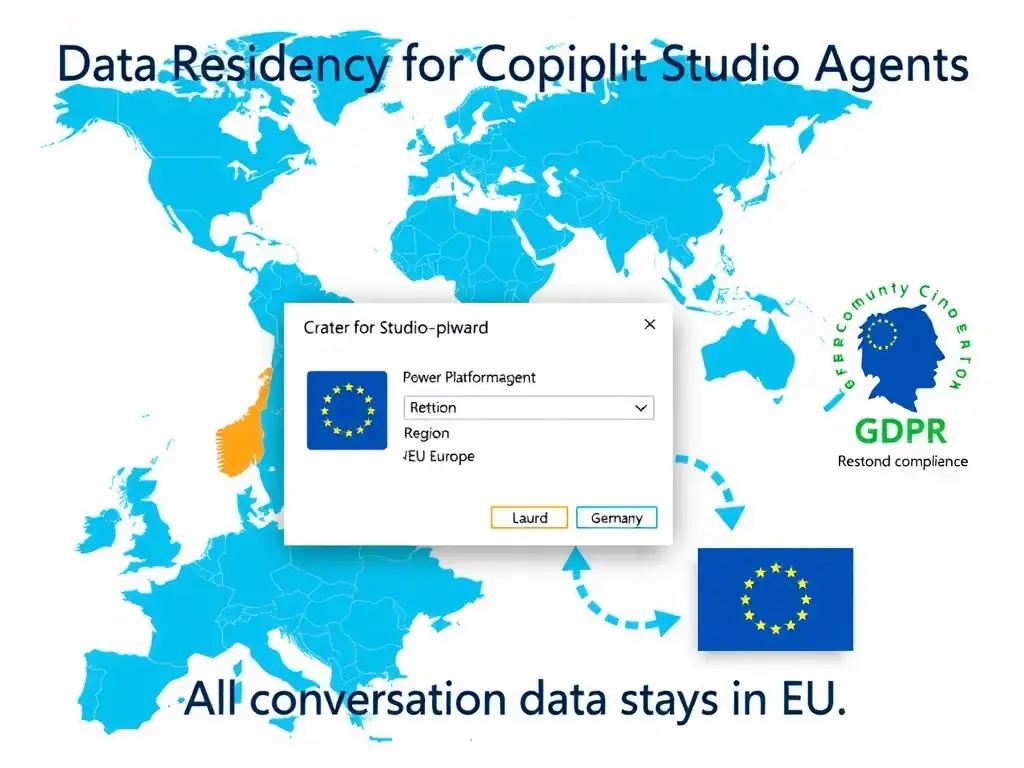 Portrait 1536x2048 infographic titled 'Data Residency for Copilot Studio Agents'. World map at top with EU region highlighted in blue. Below: Power Platform environment creation wizard showing Region dropdown set to 'Europe'. Arrow connecting environment to EU Azure datacenter icons (Germany, Netherlands). Right side: GDPR compliance badge. Bottom: 'All conversation data stays in EU'. Clean map-based design, blue/green Microsoft style, flag icons for EU countries.
