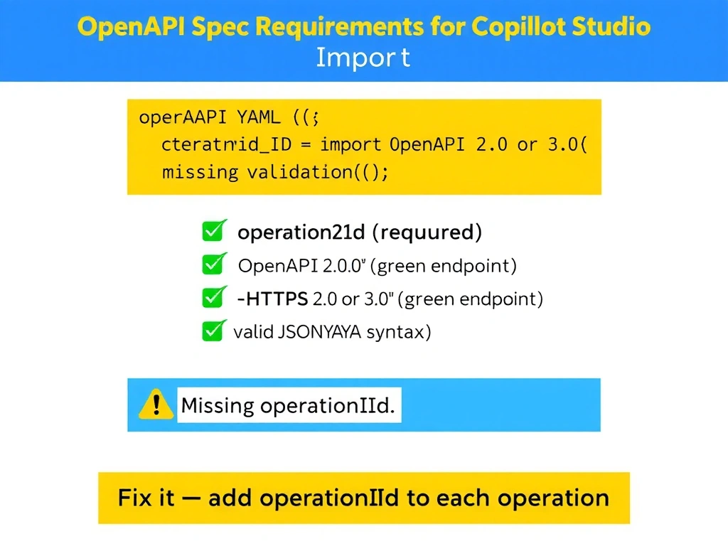 Portrait 1536x2048 infographic titled 'OpenAPI Spec Requirements for Copilot Studio'. Top: OpenAPI YAML code snippet showing operationId field highlighted in yellow. Middle: checklist of import requirements — operationId required (green check), OpenAPI 2.0 or 3.0 (green check), HTTPS endpoint (green check), valid JSON/YAML syntax (green check). Below: import validation error icon showing 'Missing operationId'. Bottom: fix it → add operationId to each operation. Code-themed design with blue and yellow highlights.