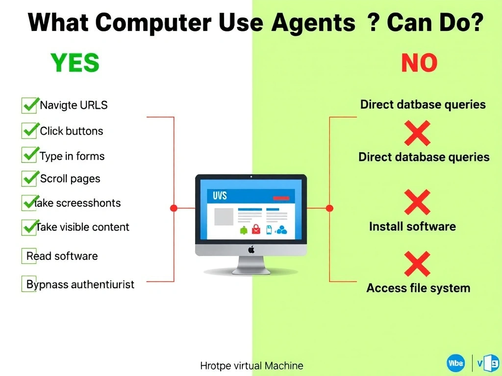 Portrait 1536x2048 infographic titled 'What Computer Use Agents Can Do'. Left column labeled YES with green checkmarks: navigate URLs, click buttons, type in forms, scroll pages, take screenshots, read visible content. Right column labeled NO with red X marks: direct database queries, install software, bypass authentication, access file system. Center: hosted virtual machine with browser screen visible. Split green/red design, icons for each action.