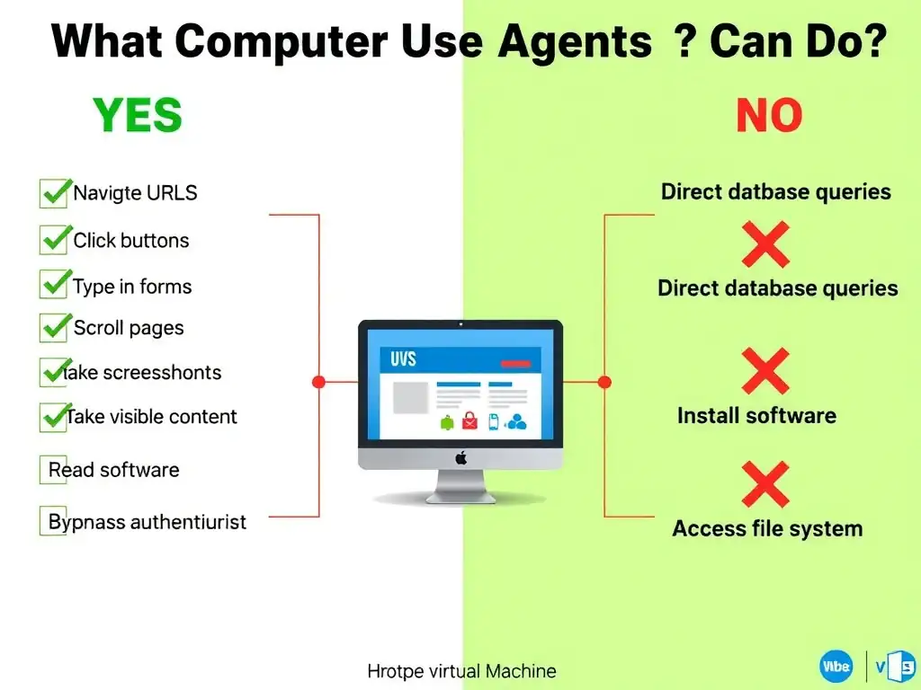Portrait 1536x2048 infographic titled 'What Computer Use Agents Can Do'. Left column labeled YES with green checkmarks: navigate URLs, click buttons, type in forms, scroll pages, take screenshots, read visible content. Right column labeled NO with red X marks: direct database queries, install software, bypass authentication, access file system. Center: hosted virtual machine with browser screen visible. Split green/red design, icons for each action.