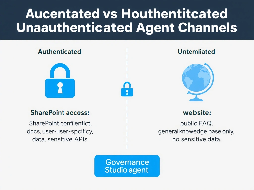 Portrait 1536x2048 infographic titled 'Authenticated vs Unauthenticated Agent Channels'. Two columns: Left - Authenticated (Teams icon, lock icon) showing access to: SharePoint confidential docs, user-specific data, sensitive APIs. Right - Unauthenticated (website globe icon, open lock) showing access to: public FAQ, general knowledge base only, no sensitive data. Center dividing line with Copilot Studio agent. Bottom: governance principle box. Blue authenticated vs gray unauthenticated color coding.