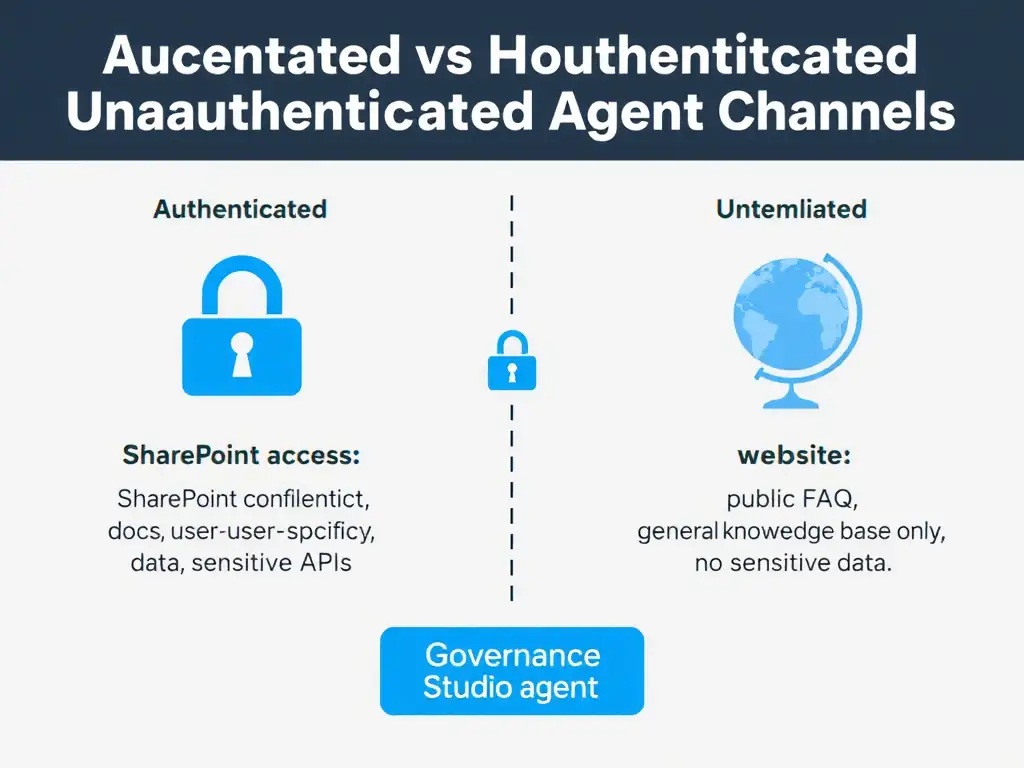 Portrait 1536x2048 infographic titled 'Authenticated vs Unauthenticated Agent Channels'. Two columns: Left - Authenticated (Teams icon, lock icon) showing access to: SharePoint confidential docs, user-specific data, sensitive APIs. Right - Unauthenticated (website globe icon, open lock) showing access to: public FAQ, general knowledge base only, no sensitive data. Center dividing line with Copilot Studio agent. Bottom: governance principle box. Blue authenticated vs gray unauthenticated color coding.