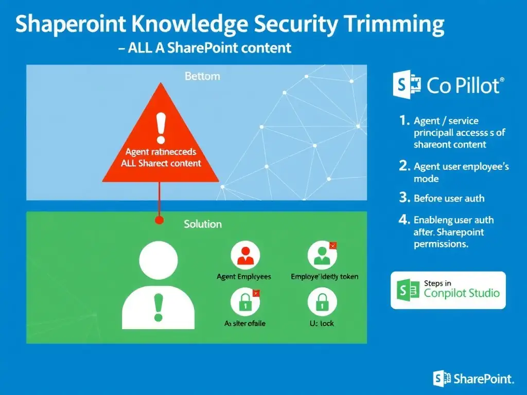 Portrait 1536x2048 infographic titled 'SharePoint Knowledge Source Security Trimming'. Top: problem diagram — agent service principal accessing ALL SharePoint content (red warning). Bottom: solution diagram — user authentication mode, agent uses employee's identity token, SharePoint applies user permissions (green). Middle: before/after comparison with lock icons. Right sidebar: steps to enable user auth in Copilot Studio. Blue and red/green contrast design, SharePoint branding colors.