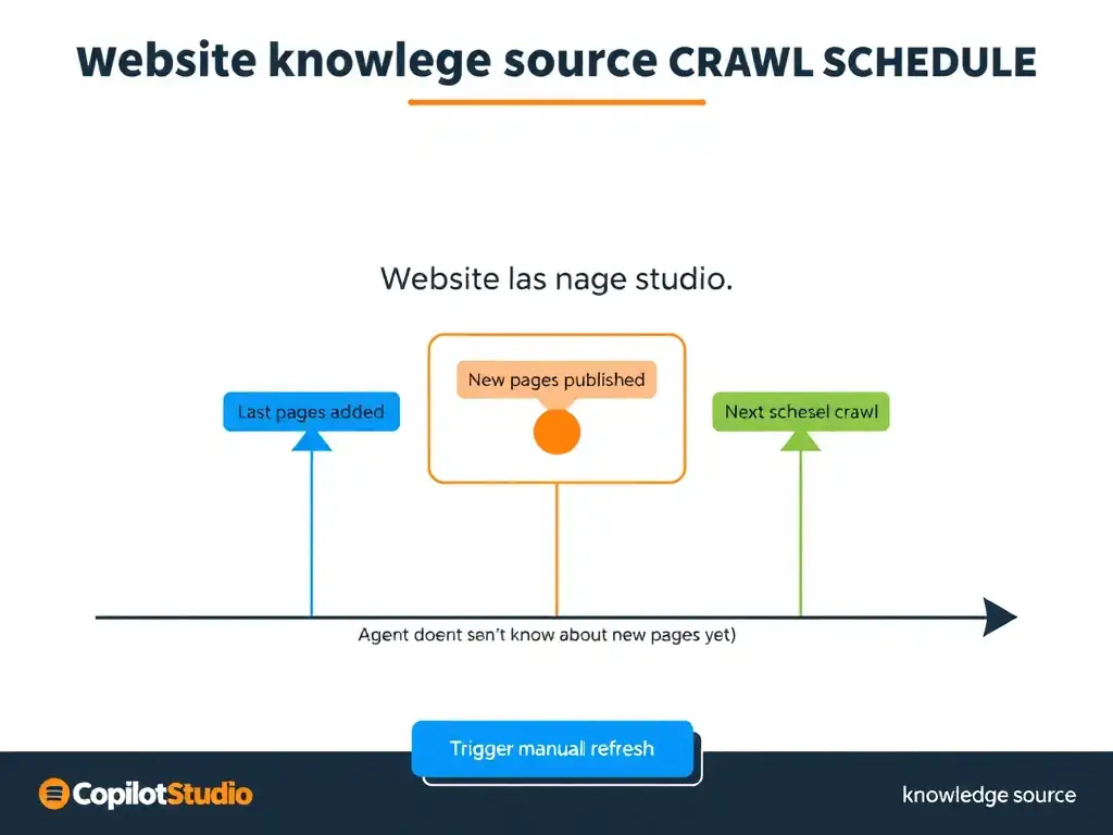 Portrait 1536x2048 infographic titled 'Website Knowledge Source Crawl Schedule'. Top: docs.contoso.com website with new pages added (highlighted in orange). Center: Copilot Studio crawl schedule diagram showing timeline — last crawl (blue marker), new pages published (orange marker), next scheduled crawl (future green marker). Problem box: agent doesn't know about new pages yet. Solution box: Trigger manual refresh OR shorten crawl schedule. Bottom: knowledge source refresh button icon. Clean timeline design.