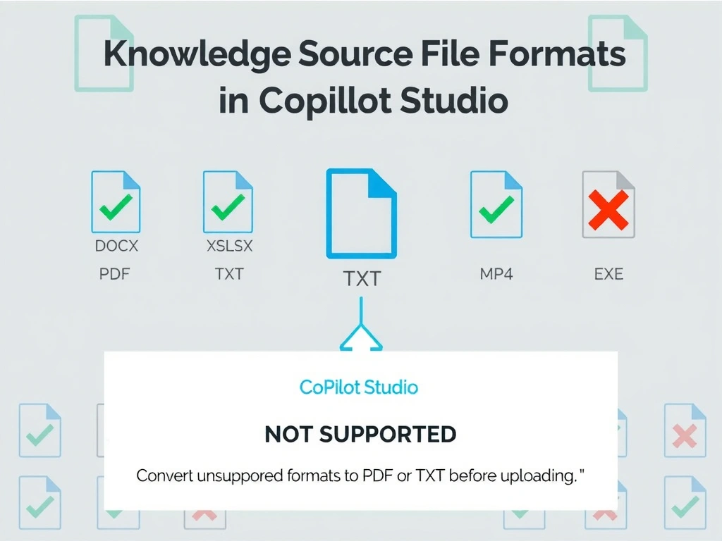 Portrait 1536x2048 infographic titled 'Knowledge Source File Formats in Copilot Studio'. Grid of file format icons: PDF (green check), DOCX (green check), PPTX (green check), XLSX (green check), TXT (green check), MD (green check), DWG (red X — labeled NOT SUPPORTED), MP4 (red X), EXE (red X). Center: Copilot Studio upload icon. Bottom: tip box — 'Convert unsupported formats to PDF or TXT before uploading'. Clean icon grid design, green/red color coding.