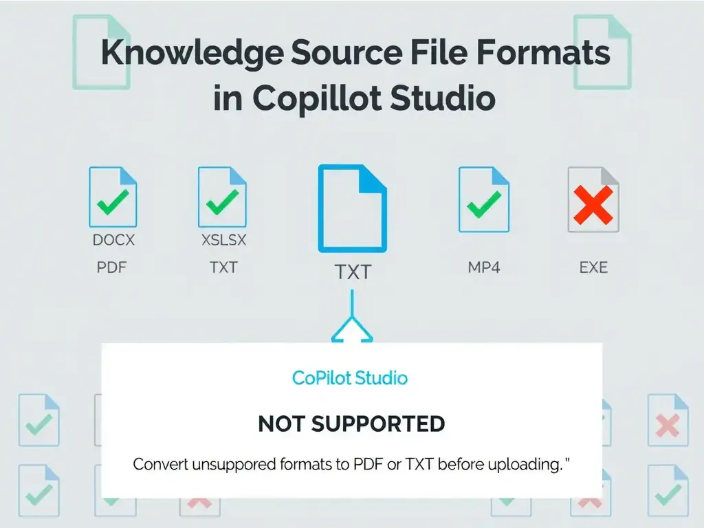Portrait 1536x2048 infographic titled 'Knowledge Source File Formats in Copilot Studio'. Grid of file format icons: PDF (green check), DOCX (green check), PPTX (green check), XLSX (green check), TXT (green check), MD (green check), DWG (red X — labeled NOT SUPPORTED), MP4 (red X), EXE (red X). Center: Copilot Studio upload icon. Bottom: tip box — 'Convert unsupported formats to PDF or TXT before uploading'. Clean icon grid design, green/red color coding.