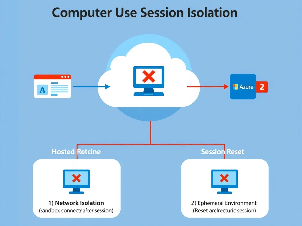 Portrait 1536x2048 infographic titled 'Computer Use Session Isolation'. Center: hosted machine in a cloud bubble (Microsoft Azure cloud background). Corporate network on the right with firewall icon — no direct connection between them (red X on connection line). Below hosted machine: 'Session Reset' — before/after showing clean machine image. Two security properties highlighted: 1) Network Isolation (sandbox), 2) Ephemeral Environment (reset after session). Malicious website on left side contained within sandbox only. Clean architecture diagram.