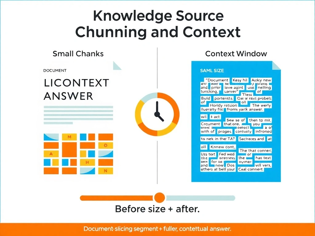 Portrait 1536x2048 infographic titled 'Knowledge Source Chunking and Context'. Left: document divided into small chunks (each a separate colored block), small chunks → narrow answer (illustrated). Right: same document with larger chunks / context window, more text per retrieved segment → fuller, contextual answer. Middle: slider dial showing chunk size control. Bottom: before/after user experience comparison. Clean document-slicing metaphor design, blue and orange color scheme.
