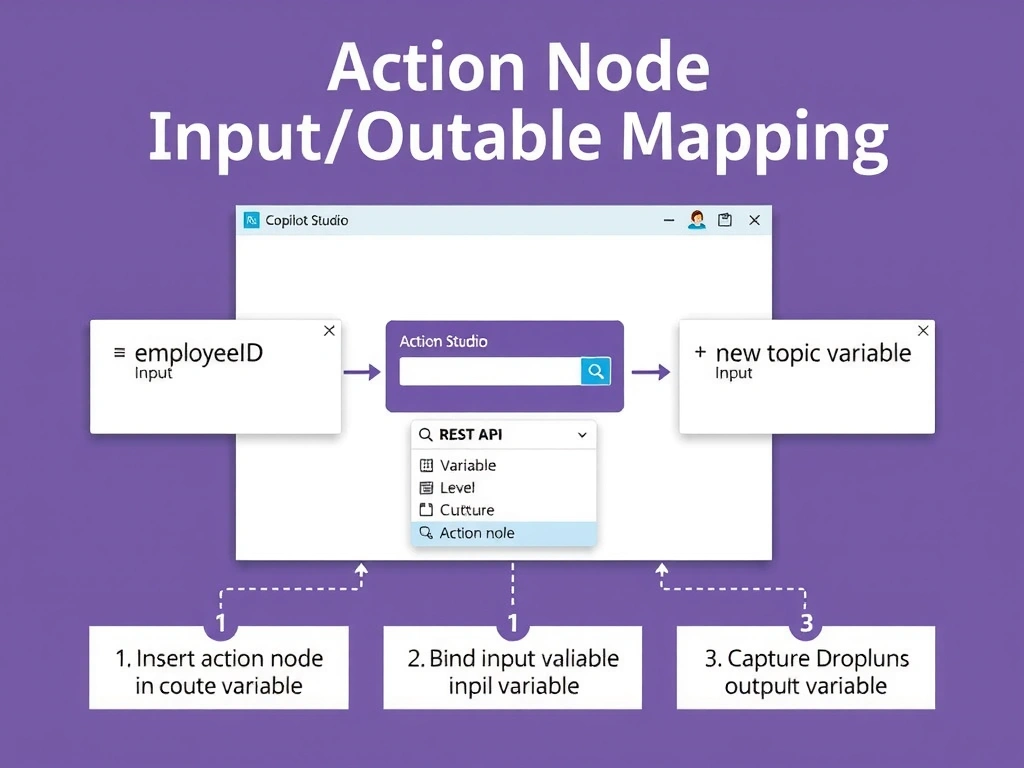 Portrait 1536x2048 infographic titled 'Action Node Input/Output Variable Mapping'. Center: Copilot Studio topic canvas with action node (REST API). Left side: conversation variable 'employeeID' with arrow pointing to action node Input field. Right side: action node Output field 'employeeLevel' with arrow to new topic variable. Below: variable picker dropdown mockup. Step labels: 1) Insert action node, 2) Bind input variable, 3) Capture output variable. Clean canvas-mockup style design, Microsoft purple/blue palette.