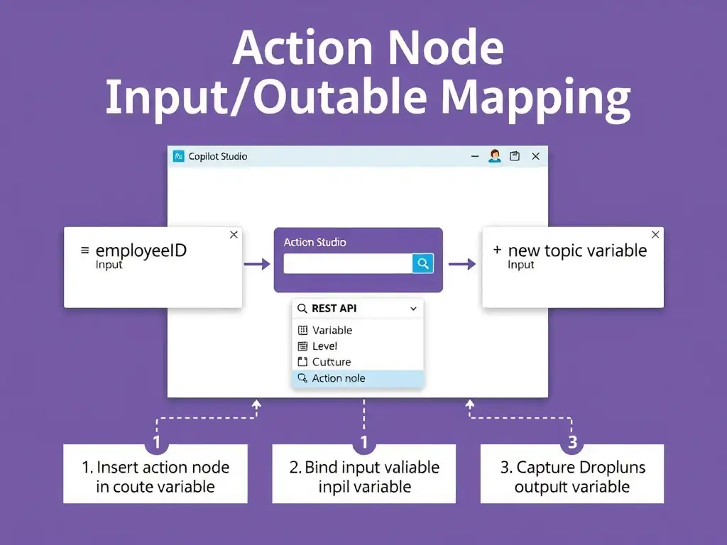 Portrait 1536x2048 infographic titled 'Action Node Input/Output Variable Mapping'. Center: Copilot Studio topic canvas with action node (REST API). Left side: conversation variable 'employeeID' with arrow pointing to action node Input field. Right side: action node Output field 'employeeLevel' with arrow to new topic variable. Below: variable picker dropdown mockup. Step labels: 1) Insert action node, 2) Bind input variable, 3) Capture output variable. Clean canvas-mockup style design, Microsoft purple/blue palette.
