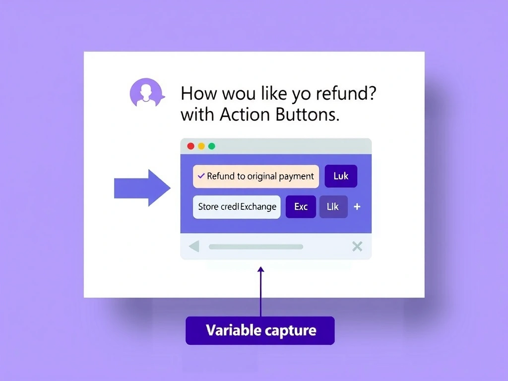 Portrait infographic titled 'Question Node with Action Buttons'. Copilot Studio canvas showing a Question node with label 'How would you like your refund?' and three multiple-choice options: Refund to original payment, Store credit, Exchange. Arrow showing channel rendering: chat window with three clickable button cards. Below: variable capture showing selected value stored. Clean canvas mockup, Microsoft purple/blue palette, button UI elements.