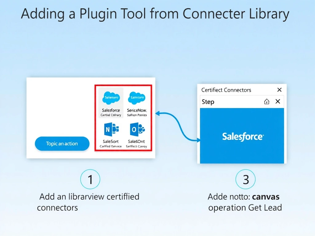 Portrait infographic titled 'Adding a Plugin Tool from Connector Library'. Left: topic canvas 'Add an action' button. Center: connector library panel showing certified connectors (Salesforce, ServiceNow, SharePoint icons). Salesforce selected (highlighted). Right: action node added to canvas with operation 'Get Lead' and connection configured. Step numbers 1-3. Microsoft blue palette with Salesforce blue accent.
