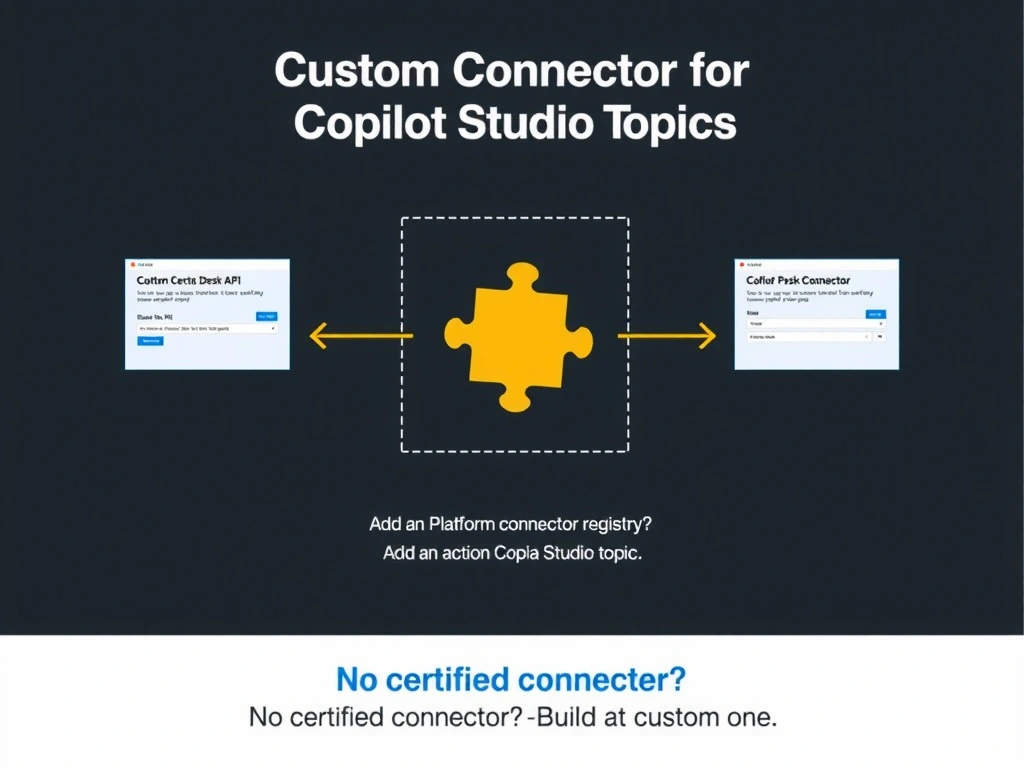 Portrait infographic titled 'Custom Connector for Copilot Studio Topics'. Flow: IT Service Desk API → Custom Connector wizard (steps: define base URL, auth, operations) → Power Platform connector registry → 'Add an action' in Copilot Studio topic → topic calls IT API. Custom connector icon (puzzle piece) in center. Arrows connecting each step. Note: 'No certified connector? Build a custom one.' Clean step-by-step horizontal flow design.