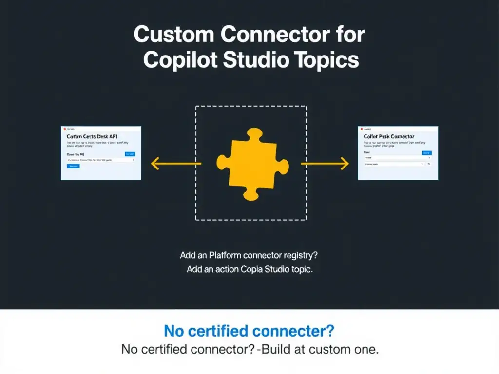 Portrait infographic titled 'Custom Connector for Copilot Studio Topics'. Flow: IT Service Desk API → Custom Connector wizard (steps: define base URL, auth, operations) → Power Platform connector registry → 'Add an action' in Copilot Studio topic → topic calls IT API. Custom connector icon (puzzle piece) in center. Arrows connecting each step. Note: 'No certified connector? Build a custom one.' Clean step-by-step horizontal flow design.