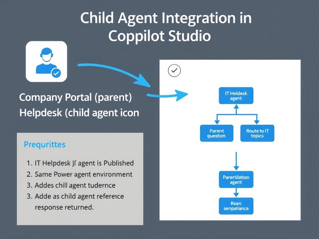 Portrait infographic titled 'Child Agent Integration in Copilot Studio'. Top: Company Portal (parent) agent icon. Arrow pointing down to IT Helpdesk (child) agent icon. Prerequisites checklist: 1) IT Helpdesk agent is Published, 2) Same Power Platform environment, 3) Added as child agent reference. Right: routing diagram showing user question → parent agent → routes to child agent for IT topics → response returned. Microsoft blue architecture diagram style.