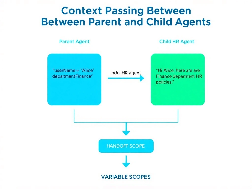 Portrait infographic titled 'Context Passing Between Parent and Child Agents'. Left: parent agent with variables: userName='Alice', department='Finance'. Handoff arrow in center with labeled parameters: input{department: 'Finance', userName: 'Alice'}. Right: child HR agent receiving input parameters, personalizing response: 'Hi Alice, here are Finance department HR policies.' Bottom: isolated variable scopes diagram. Clean handoff arrow design, blue parent and green child color coding.