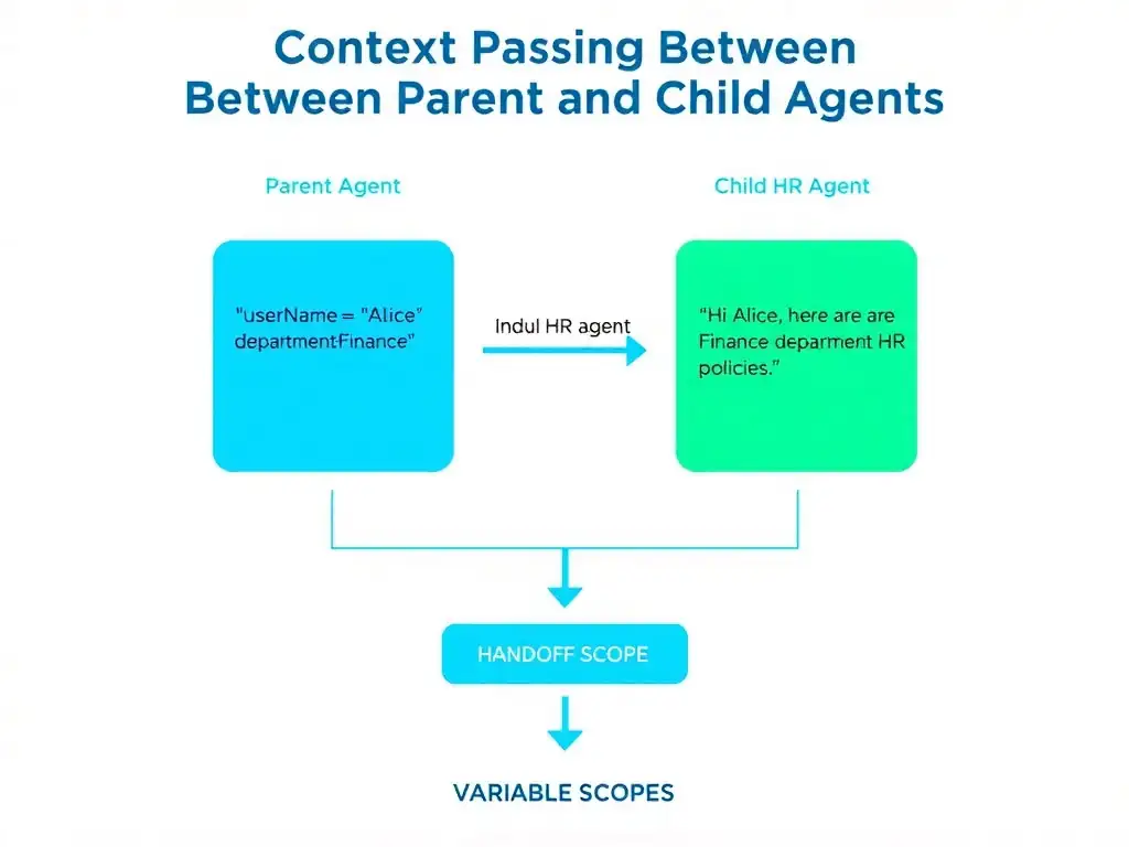 Portrait infographic titled 'Context Passing Between Parent and Child Agents'. Left: parent agent with variables: userName='Alice', department='Finance'. Handoff arrow in center with labeled parameters: input{department: 'Finance', userName: 'Alice'}. Right: child HR agent receiving input parameters, personalizing response: 'Hi Alice, here are Finance department HR policies.' Bottom: isolated variable scopes diagram. Clean handoff arrow design, blue parent and green child color coding.