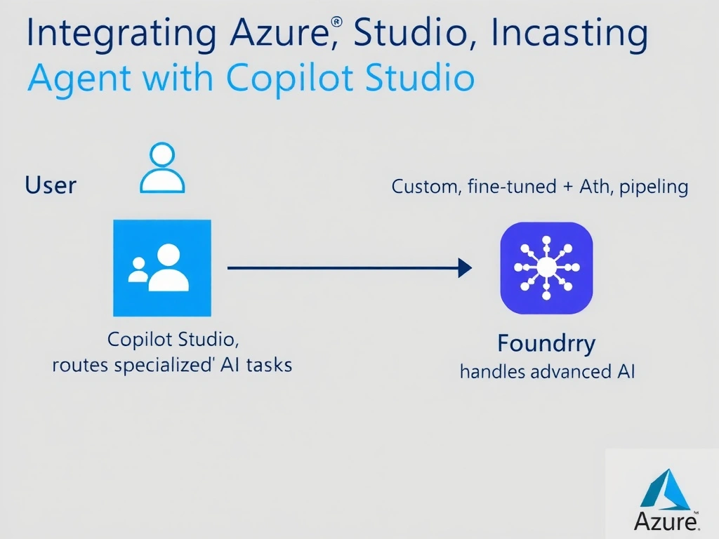 Portrait infographic titled 'Integrating Azure AI Foundry Agent with Copilot Studio'. Architecture diagram: User → Copilot Studio (orchestrator, top) → routes specialized AI tasks → Azure AI Foundry agent (custom fine-tuned model + RAG pipeline, bottom). Double arrow between them labeled 'Connected Agent Integration'. Left: Copilot Studio handles channels, auth, routing. Right: Foundry handles advanced AI. Microsoft Azure blue/purple split design.