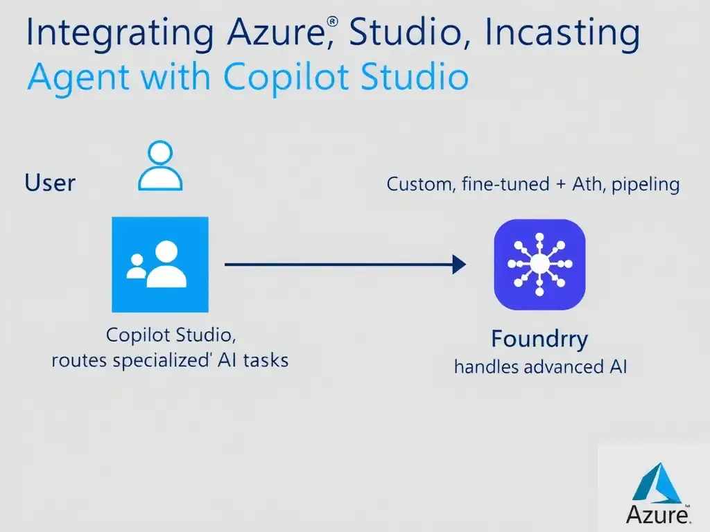 Portrait infographic titled 'Integrating Azure AI Foundry Agent with Copilot Studio'. Architecture diagram: User → Copilot Studio (orchestrator, top) → routes specialized AI tasks → Azure AI Foundry agent (custom fine-tuned model + RAG pipeline, bottom). Double arrow between them labeled 'Connected Agent Integration'. Left: Copilot Studio handles channels, auth, routing. Right: Foundry handles advanced AI. Microsoft Azure blue/purple split design.