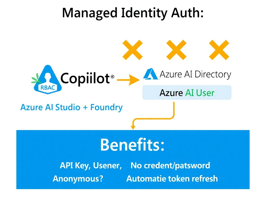 Portrait infographic titled 'Managed Identity Auth: Copilot Studio → Foundry'. Copilot Studio environment icon with managed identity badge. Arrow to Azure AI Foundry resource. RBAC role assigned: 'Azure AI User'. Azure Active Directory logo at top connecting both. Three rejected options with X: API Key, Username/Password, Anonymous. Bottom: benefits of managed identity — no credentials to rotate, automatic token refresh. Azure blue design.